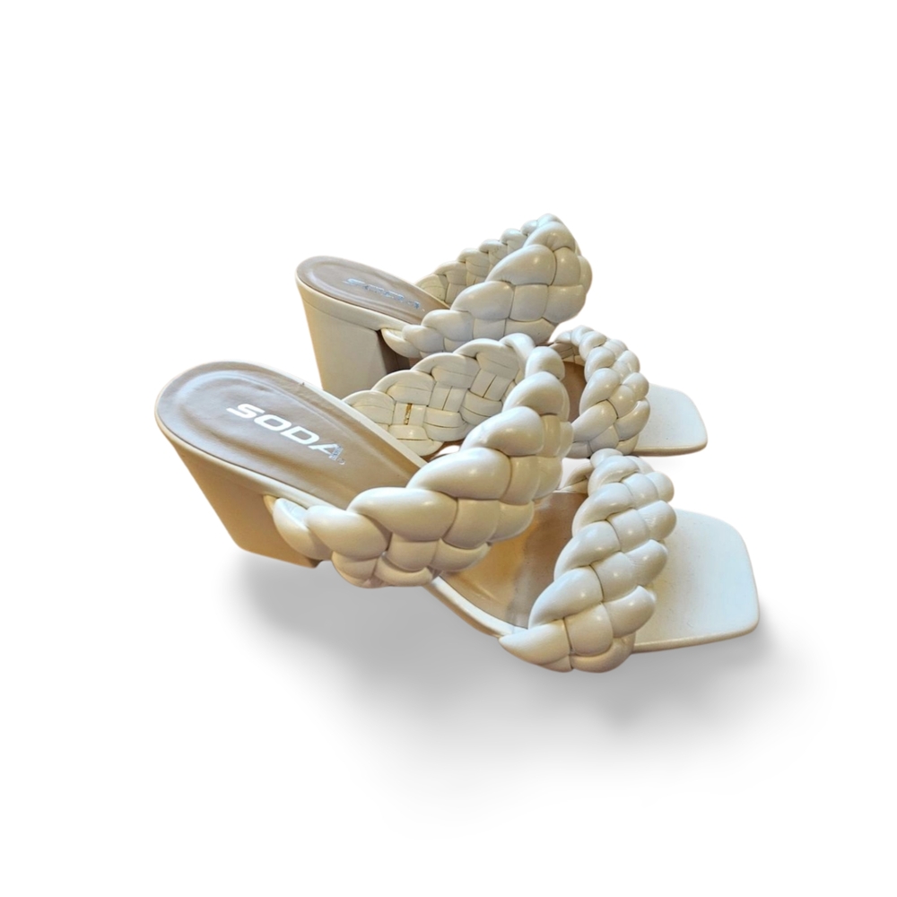 Soda White Braided Heels with Medium Architectural Heel